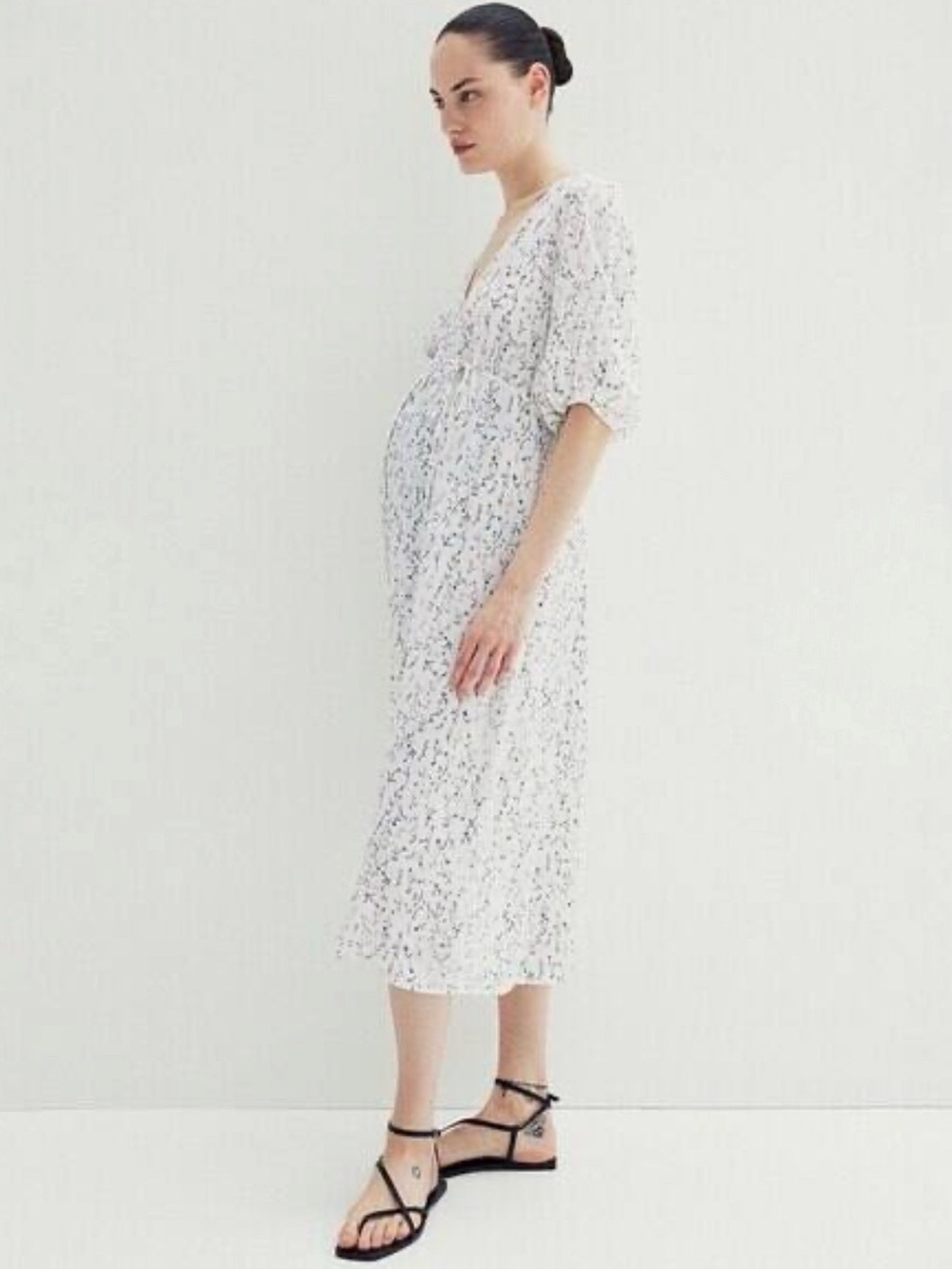 H&M Mama Floral Puff Sleeve Button Front Midi Dress